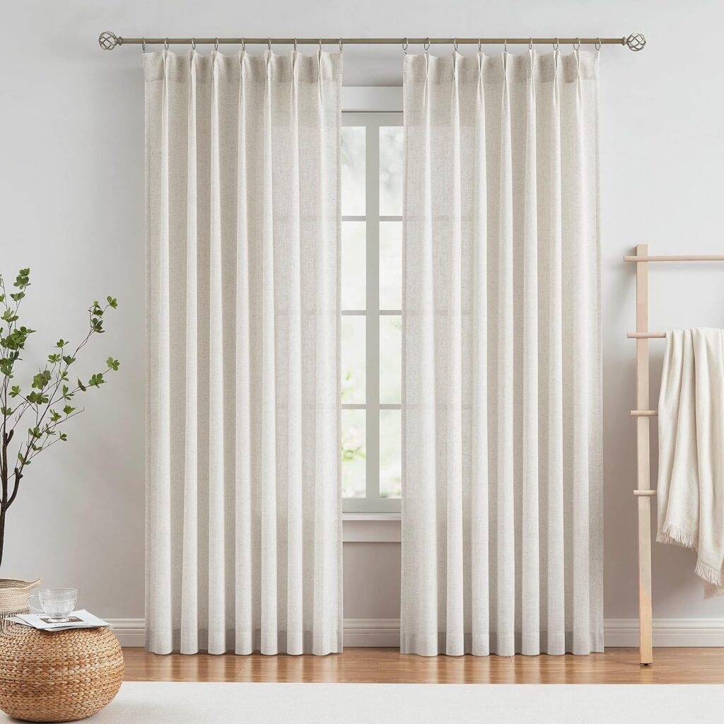 Vision Home Natural Pinch Pleated Semi Sheer Curtains Textured Linen Blended Light Filtering Window Curtains 84 inch for Living Room Bedroom Pinch Pleat Drapes with Hooks 2 Panels 42 Wx84 L