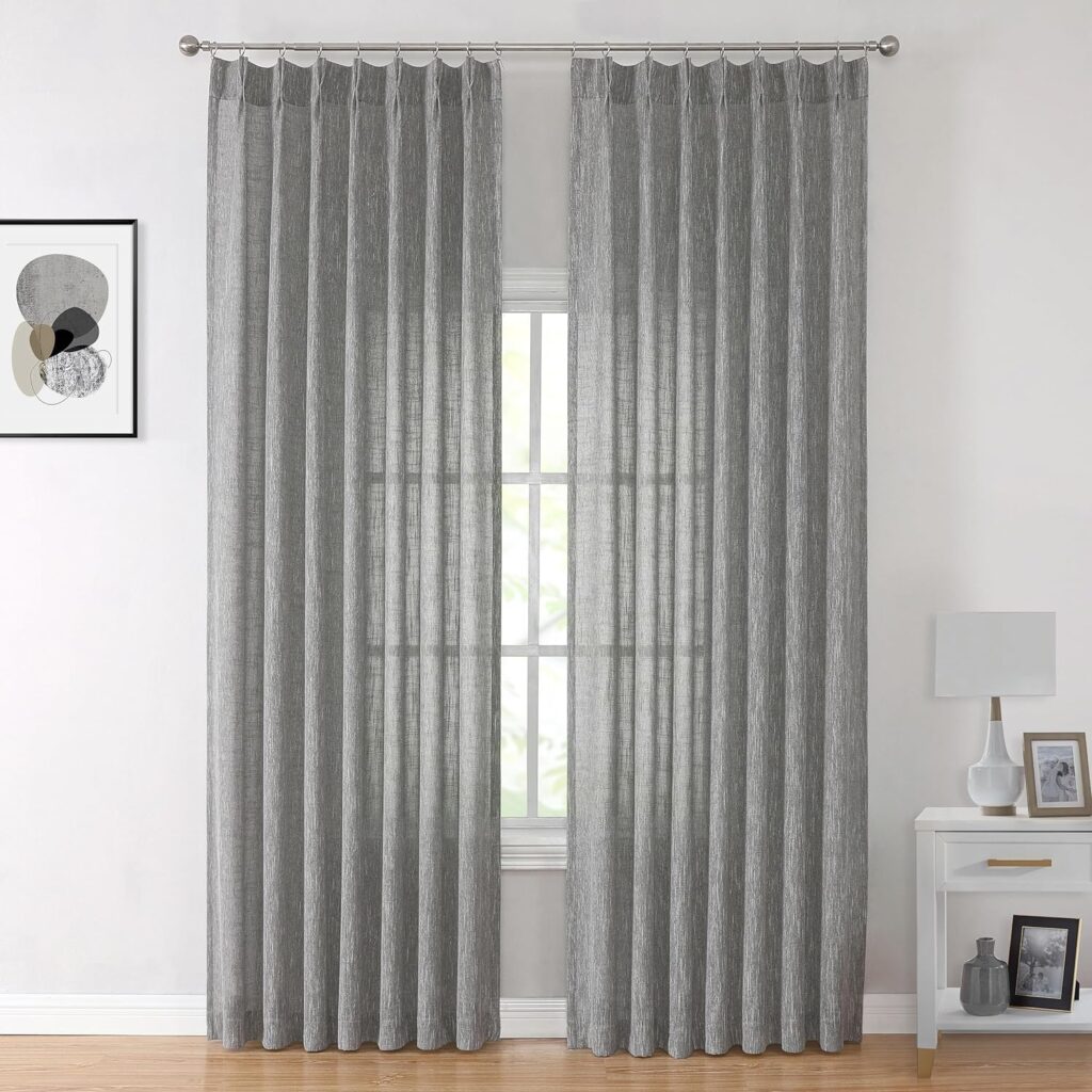 Vision Home Natural Pinch Pleated Semi Sheer Curtains Textured Linen Blended Light Filtering Window Curtains 84 inch for Living Room Bedroom Pinch Pleat Drapes with Hooks 2 Panels 42 Wx84 L