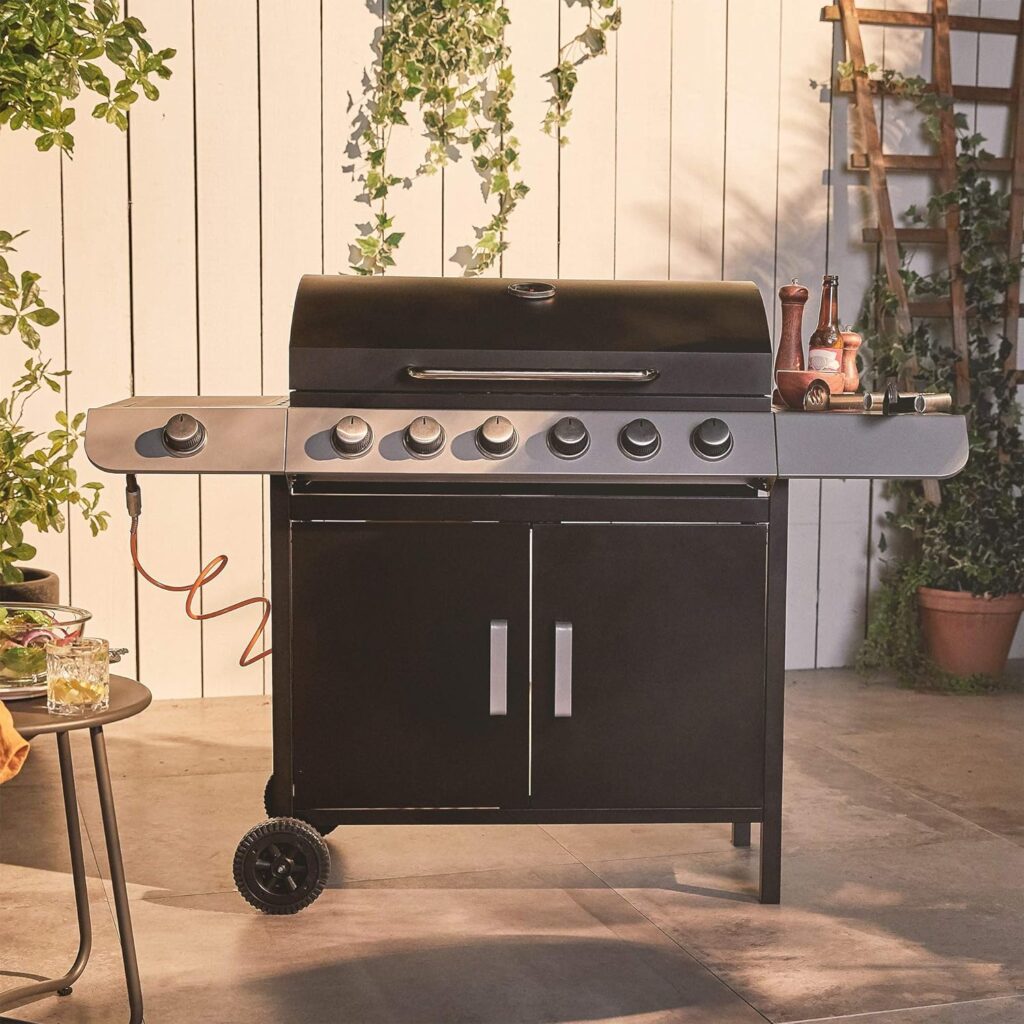 VonHaus Gas BBQ, 4+1 Burner Gas Barbecue with Warming Rack, Side Burner, Temperature Gauge, Cabinet Storage Shelf Wheels, Portable, Steel Chrome, Grill Meat, Fish, Veg in Your Garden Outdoor Space