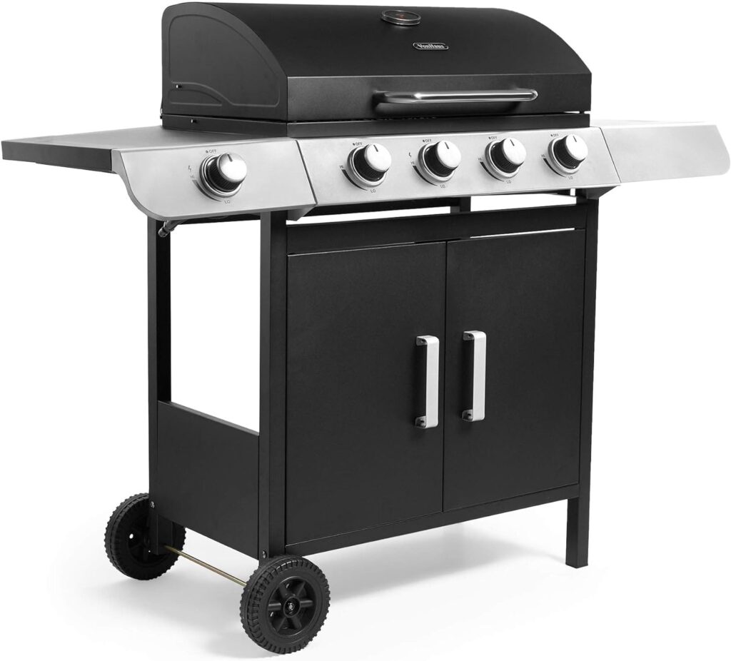 VonHaus Gas BBQ, 4+1 Burner Gas Barbecue with Warming Rack, Side Burner, Temperature Gauge, Cabinet Storage Shelf Wheels, Portable, Steel Chrome, Grill Meat, Fish, Veg in Your Garden Outdoor Space