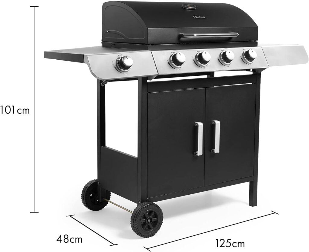 VonHaus Gas BBQ, 4+1 Burner Gas Barbecue with Warming Rack, Side Burner, Temperature Gauge, Cabinet Storage Shelf Wheels, Portable, Steel Chrome, Grill Meat, Fish, Veg in Your Garden Outdoor Space