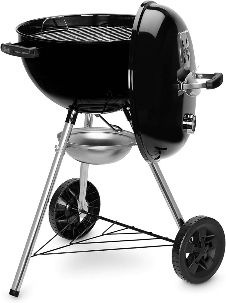 Weber Original Kettle Charcoal Grill Barbecue, 57cm | E-5710 BBQ Grill with Lid Cover, Thermometer, Stand Wheels | Freestanding Outdoor Oven Cooker with Porcelain-Enamelled Bowl - Black (14101004)