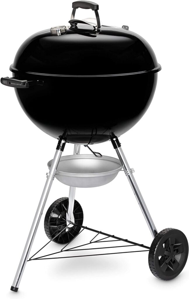 Weber Original Kettle Charcoal Grill Barbecue, 57cm | E-5710 BBQ Grill with Lid Cover, Thermometer, Stand Wheels | Freestanding Outdoor Oven Cooker with Porcelain-Enamelled Bowl - Black (14101004)