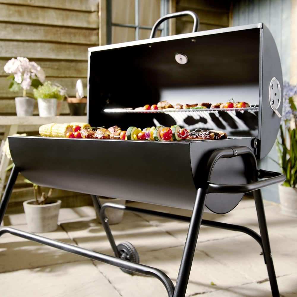 wilko Oil Drum Charcoal BBQ Grill - With Lid Cover - Chrome Plated Steel Cooking Grid - Built-in Temperature Gauge - Warming Rack and Base Wheels - Freestanding Outdoor Oven - Picnic, Garden, Camping