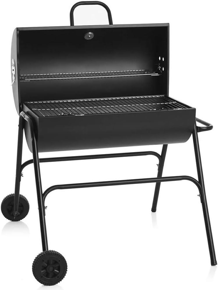 wilko Oil Drum Charcoal BBQ Grill - With Lid Cover - Chrome Plated Steel Cooking Grid - Built-in Temperature Gauge - Warming Rack and Base Wheels - Freestanding Outdoor Oven - Picnic, Garden, Camping