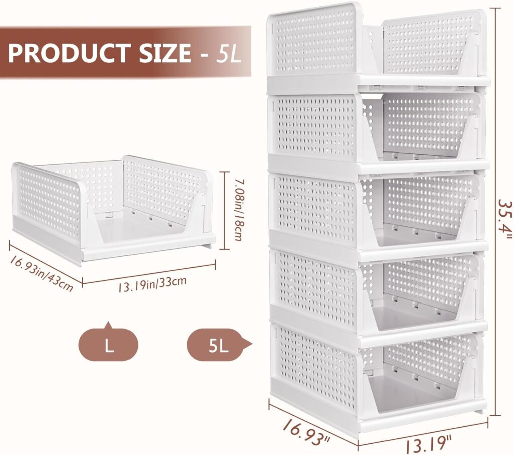 4 Pack Folding Closet Organizers Storage Box, Stackable Storage Bins, Plastic Drawer Basket Closet Storage for Wardrobe Cupboard Kitchen Bathroom Office White-4L