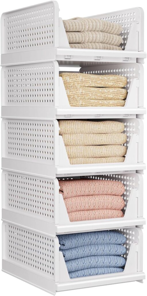 4 Pack Folding Closet Organizers Storage Box, Stackable Storage Bins, Plastic Drawer Basket Closet Storage for Wardrobe Cupboard Kitchen Bathroom Office White-4L