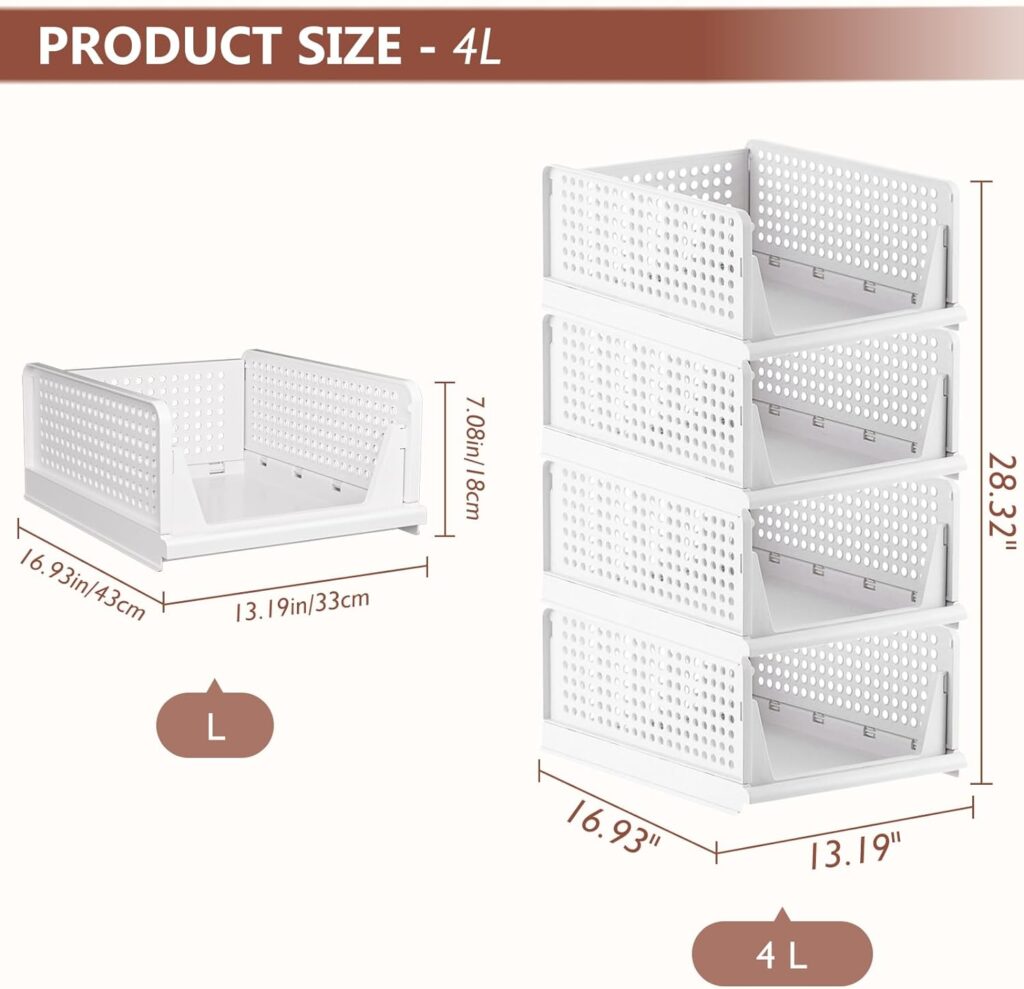 4 Pack Folding Closet Organizers Storage Box, Stackable Storage Bins, Plastic Drawer Basket Closet Storage for Wardrobe Cupboard Kitchen Bathroom Office White-4L