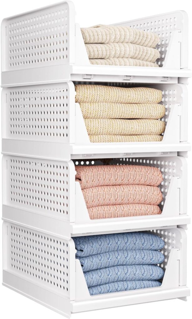 4 Pack Folding Closet Organizers Storage Box, Stackable Storage Bins, Plastic Drawer Basket Closet Storage for Wardrobe Cupboard Kitchen Bathroom Office White-4L