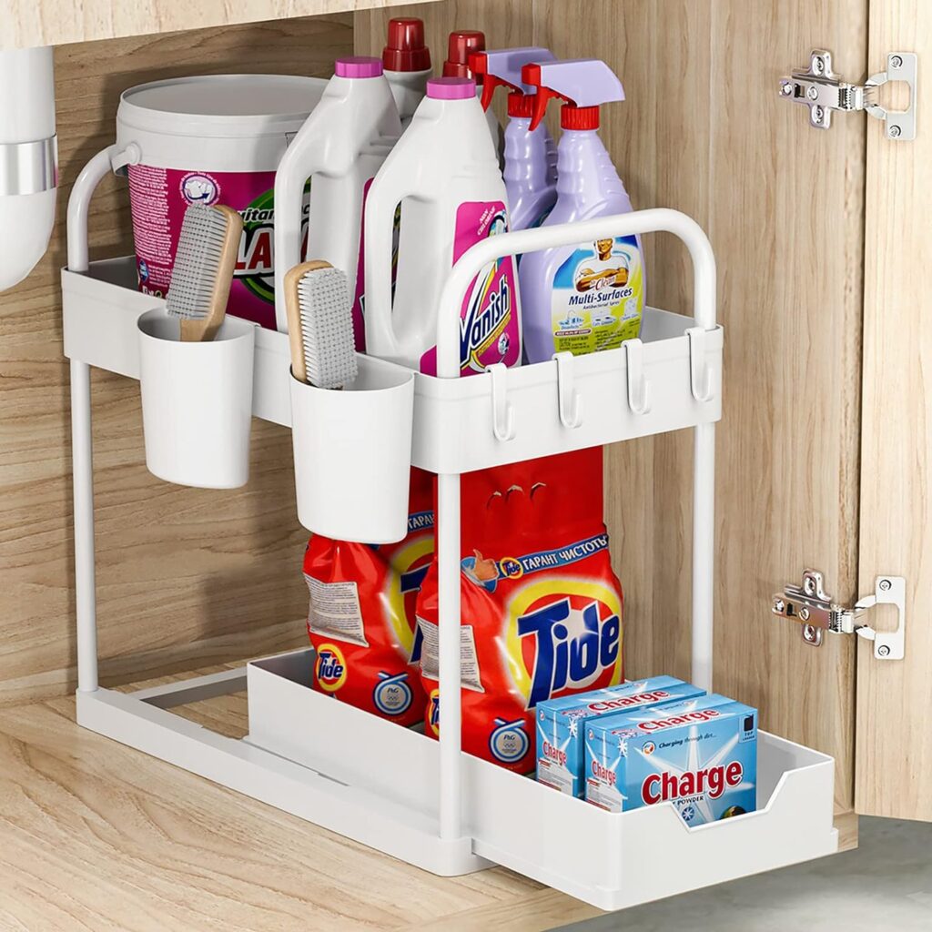 GEMWON Under Sink Storage Kitchen Organiser, 2 Tier Sliding Kitchen Storage Under Sink Shelf, Multi-Purpose Organisation for Kitchen Bathroom, Bottom Slide Out Basket White