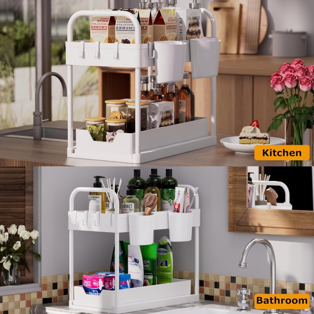 GEMWON Under Sink Storage Kitchen Organiser, 2 Tier Sliding Kitchen Storage Under Sink Shelf, Multi-Purpose Organisation for Kitchen Bathroom, Bottom Slide Out Basket White