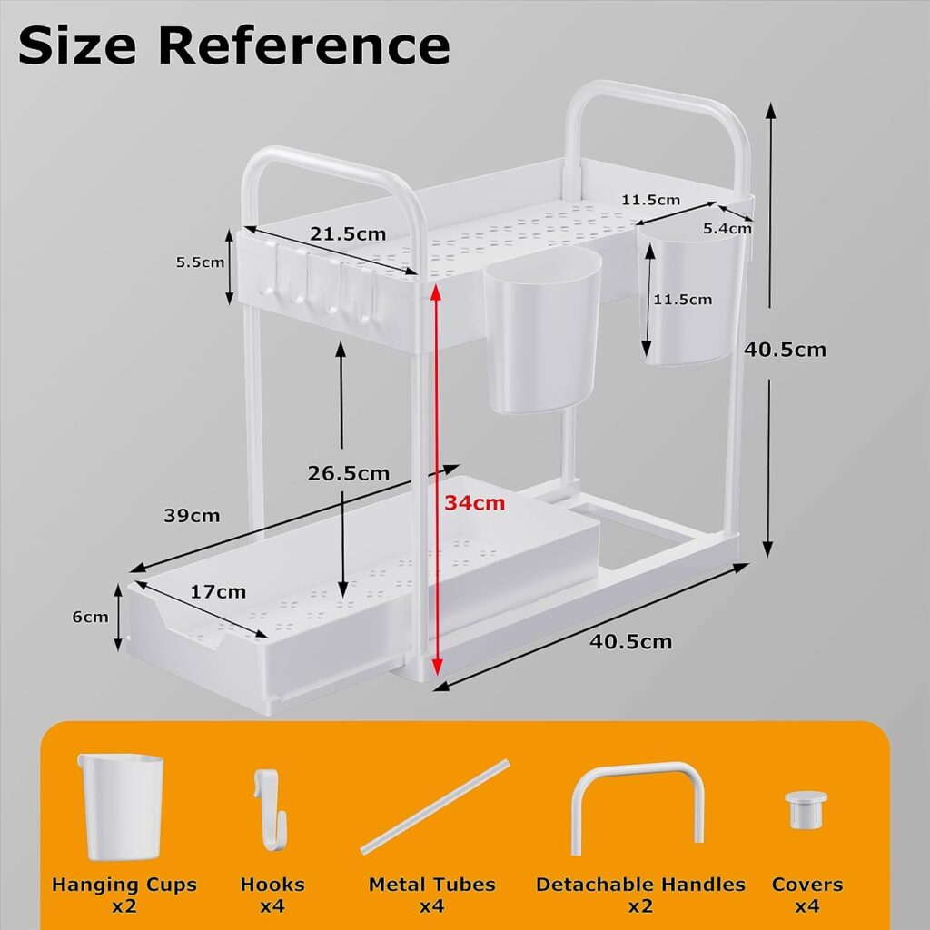 GEMWON Under Sink Storage Kitchen Organiser, 2 Tier Sliding Kitchen Storage Under Sink Shelf, Multi-Purpose Organisation for Kitchen Bathroom, Bottom Slide Out Basket White