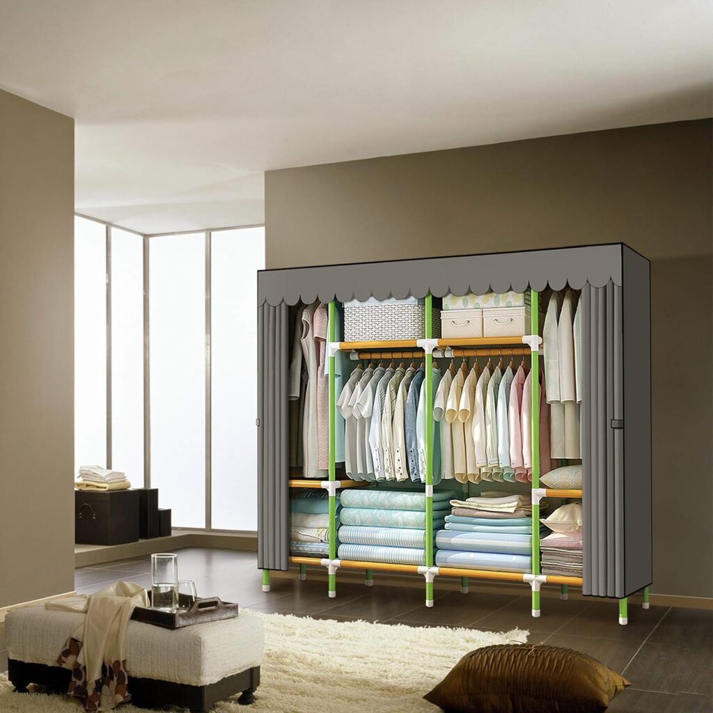 HESMENO Portable Wardrobe Portable Closet Storage Organizer Cloth Closet Colored Rods and Grey Cover Quick and Easy to Assemble, Extra Sturdy, Strong and Durable 200x43x168CM