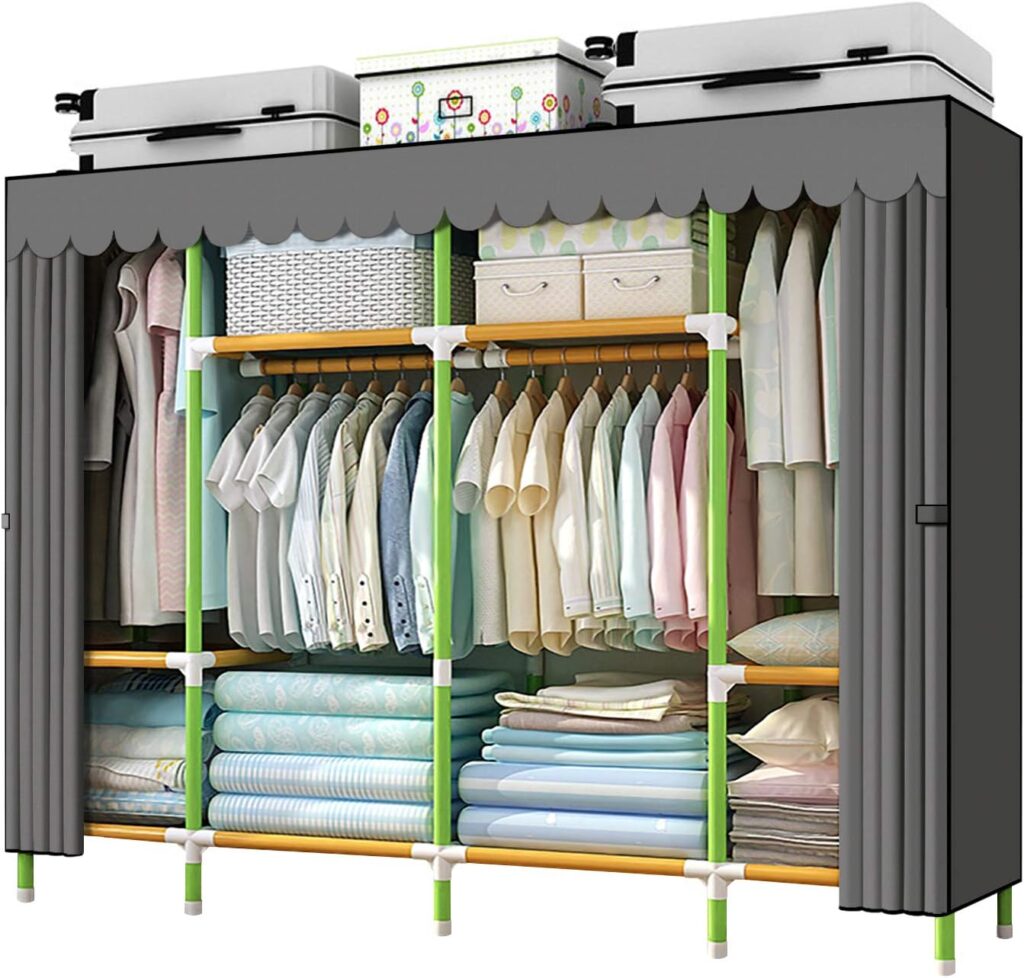 HESMENO Portable Wardrobe Portable Closet Storage Organizer Cloth Closet Colored Rods and Grey Cover Quick and Easy to Assemble, Extra Sturdy, Strong and Durable 200x43x168CM