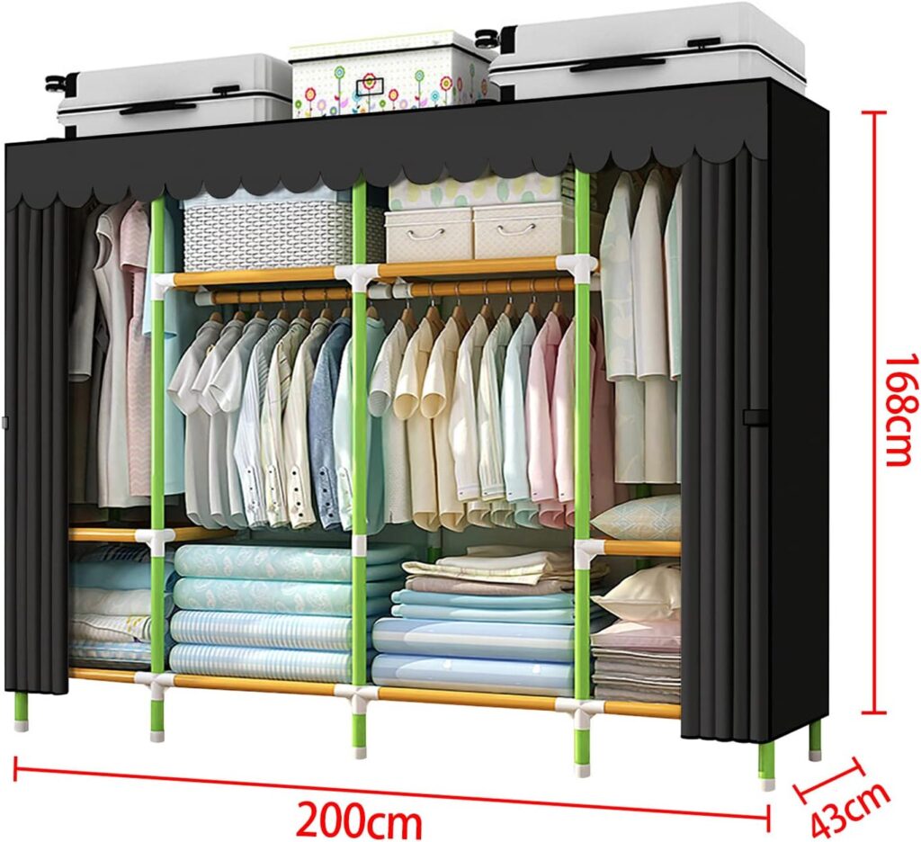 HESMENO Portable Wardrobe Portable Closet Storage Organizer Cloth Closet Colored Rods and Grey Cover Quick and Easy to Assemble, Extra Sturdy, Strong and Durable 200x43x168CM