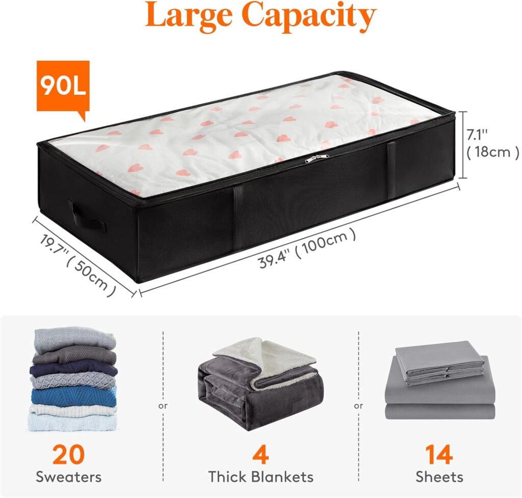 Lifewit 4 Pack 90L Under Bed Storage, Underbed Storage Boxes with lid Clothes Storage Bag Wardrobe Storage Organiser with Reinforced Handle, PVC Window for Duvet, Blanket, Clothing, Shoes, Grey