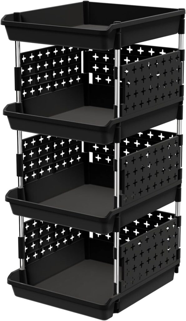 Lifewit Stackable Storage Baskets, 4 Tier Plastic Storage Trolley Unit Rack Shelf for Wardrobe, Kitchen, Cupboard Storage Organiser, White, 35 x 30 x 72 cm