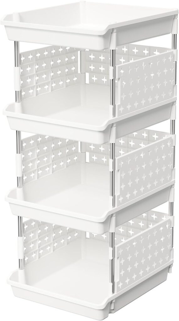 Lifewit Stackable Storage Baskets, 4 Tier Plastic Storage Trolley Unit Rack Shelf for Wardrobe, Kitchen, Cupboard Storage Organiser, White, 35 x 30 x 72 cm