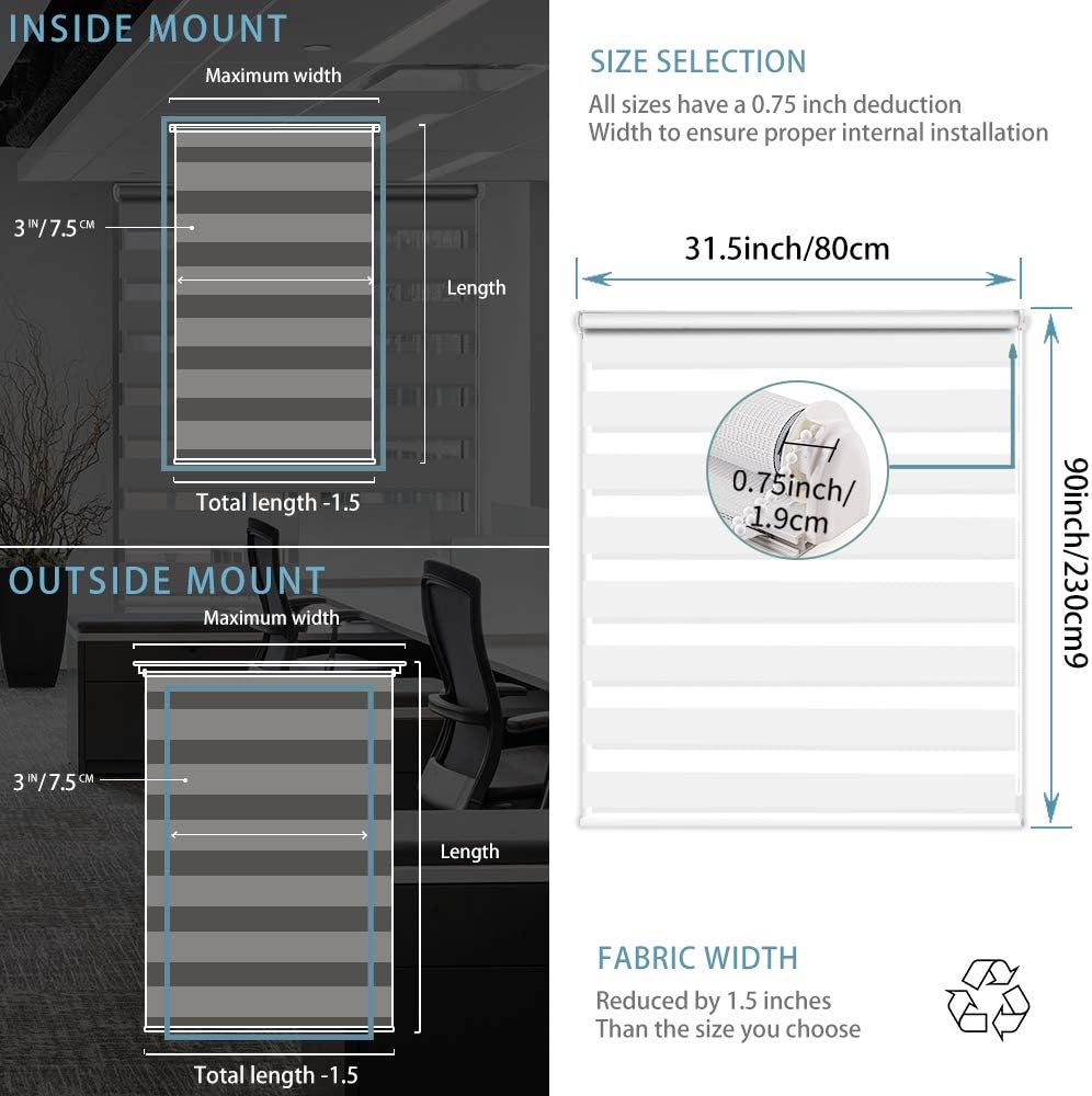 SMONTER Easy Fix Zebra Roller Blind,Day and Night Blinds Curtains with Install Accessories (75CMx230CM, GREY)