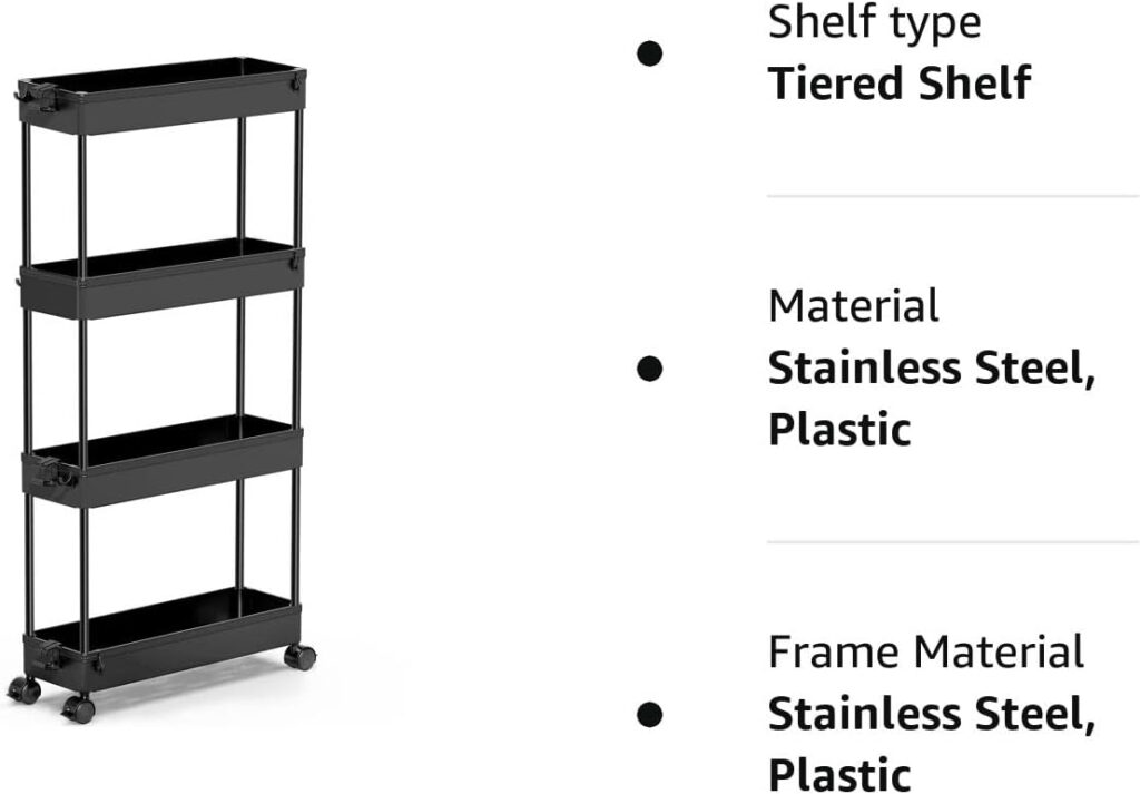 SPACEKEEPER Storage Trolley 4-Tier Slim Storage Cart Slide Out Rolling Utility Organizer Cart Mobile Shelving Unit for Kitchen Bathroom Laundry Office, Plastic, Black