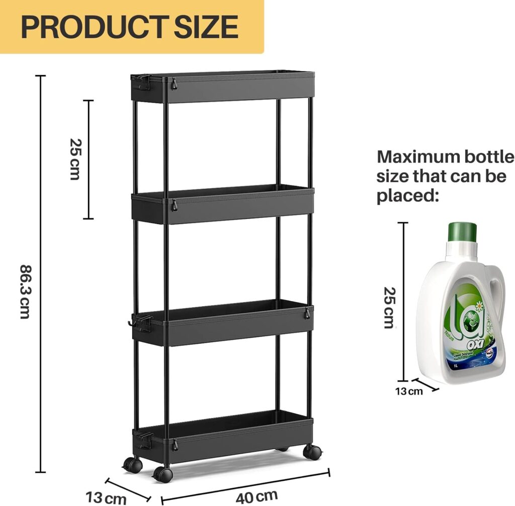 SPACEKEEPER Storage Trolley 4-Tier Slim Storage Cart Slide Out Rolling Utility Organizer Cart Mobile Shelving Unit for Kitchen Bathroom Laundry Office, Plastic, Black