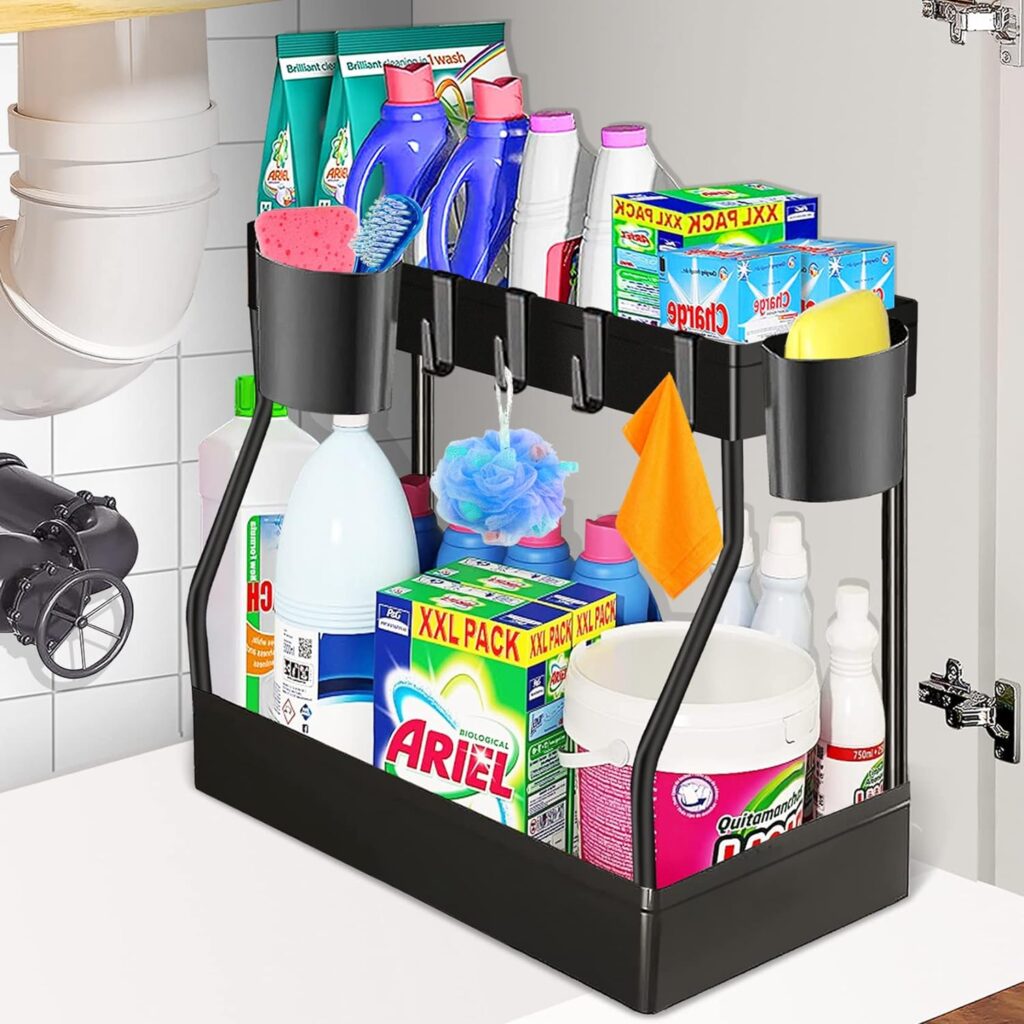 YIFOV Under Sink Storage Shelf 2 Tier Kitchen Storage and Organisation Storage Rack Basket with 4 Hooks and 2 Hanging Cup for Kitchen, Bathroom, Pantry, Black