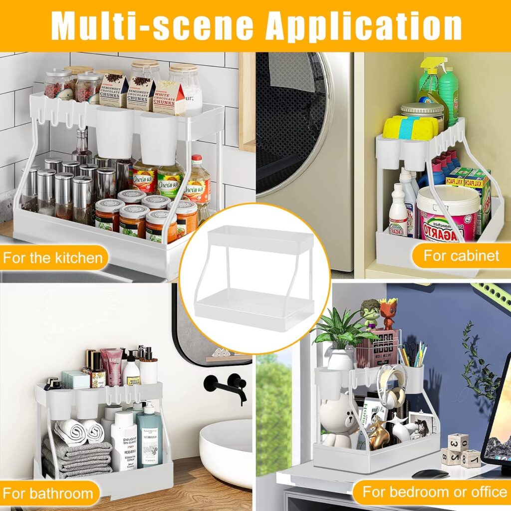 YIFOV Under Sink Storage Shelf 2 Tier Kitchen Storage and Organisation Storage Rack Basket with 4 Hooks and 2 Hanging Cup for Kitchen, Bathroom, Pantry, Black